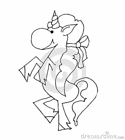 Coloring book for kids - dancing unicorn with a bow. Black and white cute cartoon unicorns. Vector illustration. Vector Illustration